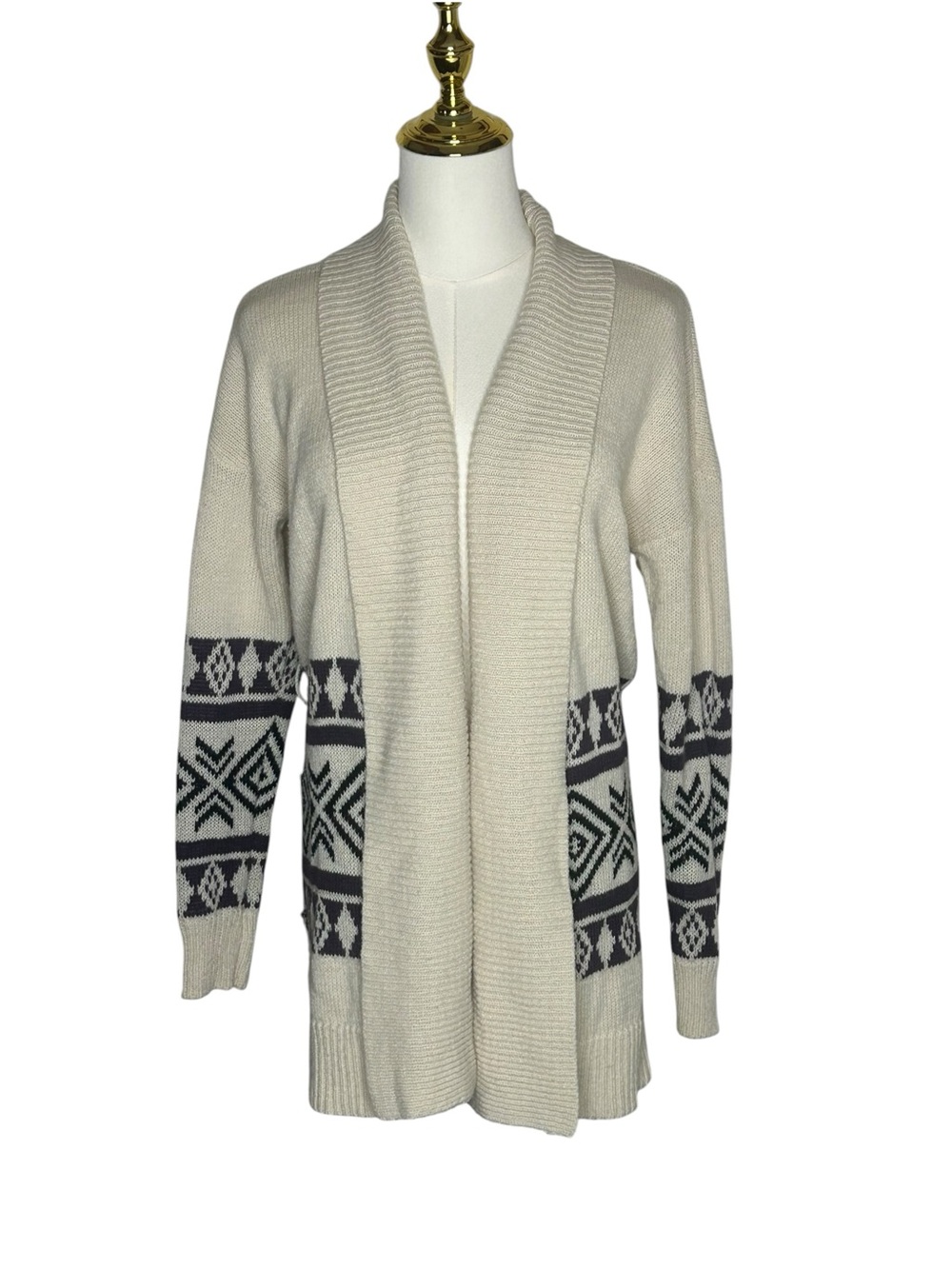 Pink Republic Ivory Open-Front Faire Isle Cardigan Geometric Trim Sz M Boho Cozy